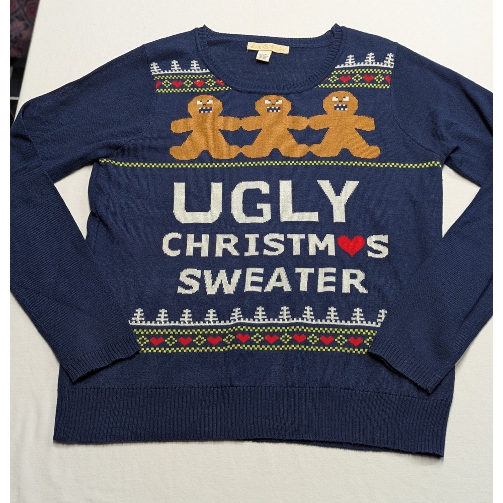 Love By Design Ugly Christmas Sweater Navy Blue Gingerbread Men Large